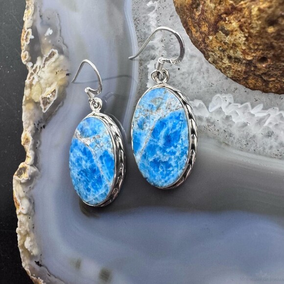 Sterling Silver Southwestern Style Oval Apatite Dangle Earrings For Women - Picture 6 of 10